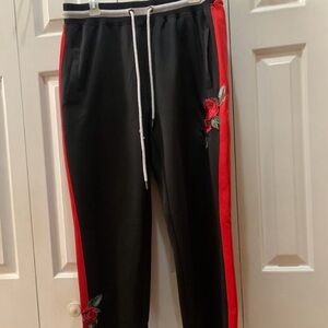 “ScreenShot” Unisex Black W/ Red Flowers Long Pants. Size: 2XL